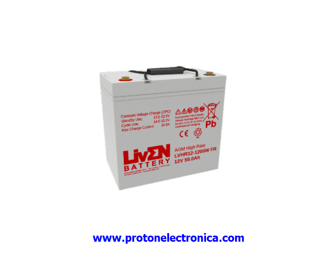 BATERIA LIVEN LVHR12-1200W 12V 58Ah ALTA DESCARGA LARGA VIDA 1223,5W/10' - 566,6W/30' - 340,8W/60' 230x138xh211H215mm;17,30Kg TM6 UL94-HB
