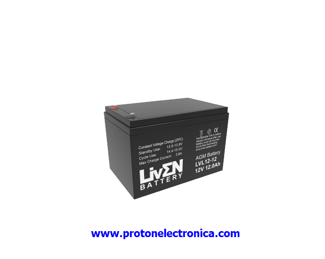 BATERIA LIVEN LVL12-12 12V 12Ah LV LARGA VIDA 10-12 AÑOS 20º 318W/10' - 244,2W/15' - 88,8W/60' (9,9V) 151x98xh95H101mm; 3,8Kg TF2 6,35 UL94-HB