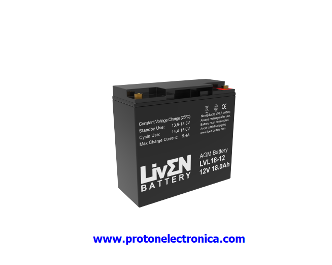 BATERIA LIVEN LVL18-12 12V 18Ah LARGA VIDA 10-12 AÑOS 20º 504,6W/10' - 232,8W/30' - 138,6W/60' 181x77xH167mm; 5,7Kg TM5 UL94-HB