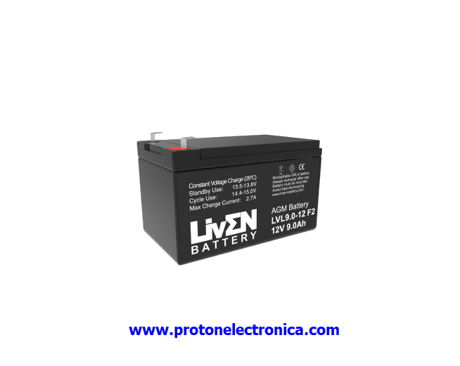 BATERIA LIVEN LVL9.0-12 12V 9Ah LV LARGA VIDA 10-12 AÑOS 20º 435,6W/5' - 213W/15' - 67,2W/60' (9,9V) 151x65xh94H100mm; 2,73Kg TF2 6,35 UL94-HB