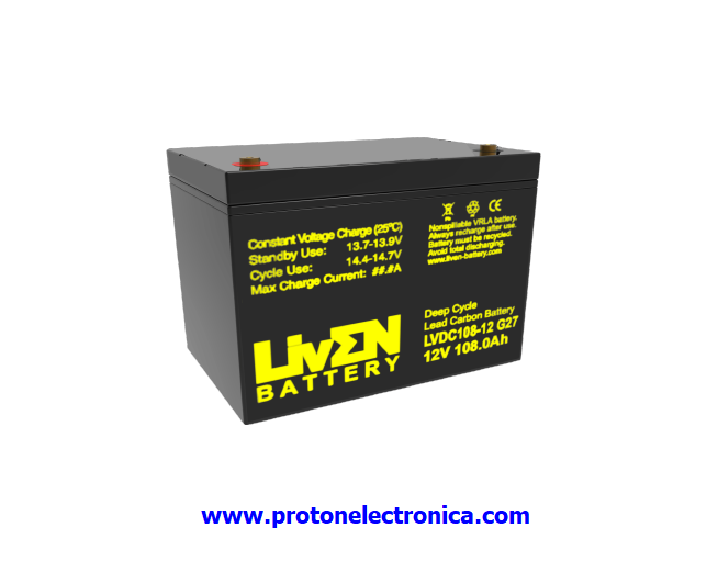 BATERIA LIVEN LVDC108-12G27 12V 100Ah CG CARBON GEL CICLICA 600/80% 1800/30% 108Ah/20h - 104Ah/10h - 90Ah/3h 25º (10,5V) 306x168xh208H214mm; 27,8Kg; TM8