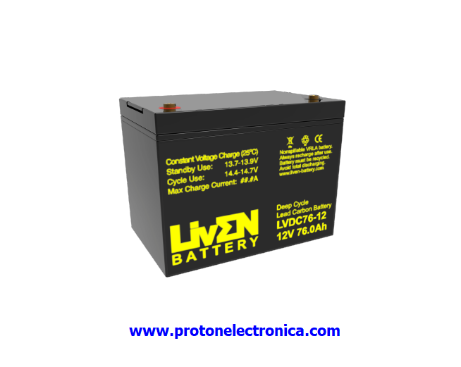 BATERIA LIVEN LVDC76-12 12V 76Ah CG CARBON GEL CICLICA 600/80% 1800/30% 76Ah/20h - 70Ah/10h - 60Ah/3h 25º (10,5V) 260x168xh173H176mm; 20Kg; TM6